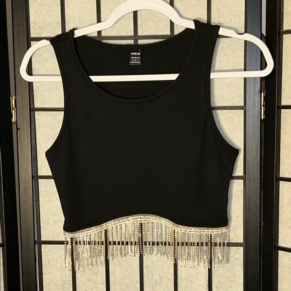 🦋SHEIN Elegant Black Crop Top with Jeweled Fringe details 5/25$